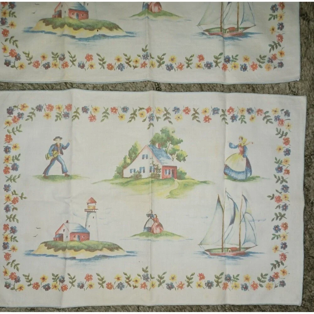 Vintage Cotton Lighthouse Sailboat House 4 Placemats and 4 Napkins Dutch Style